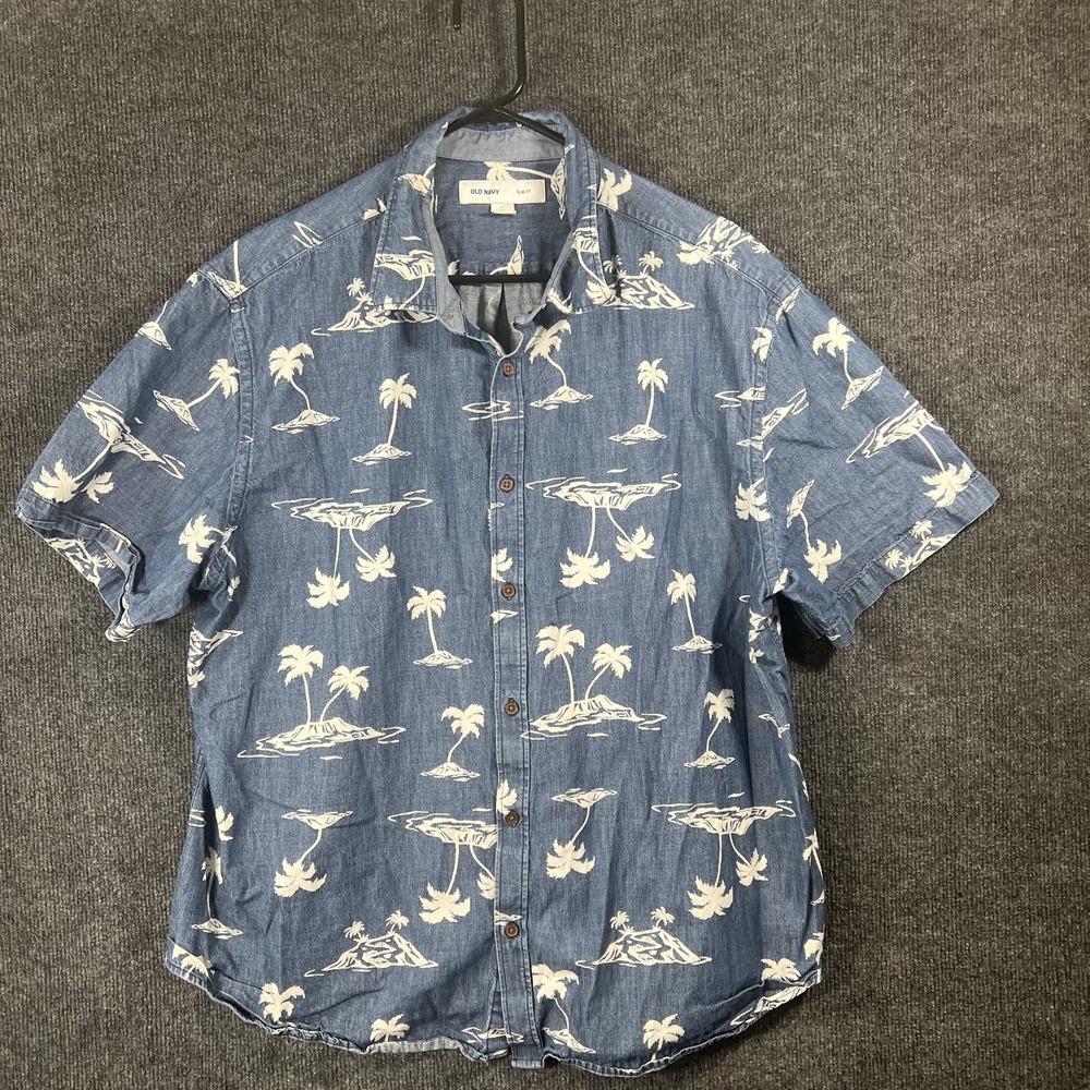 Old Navy Chambray Tropical Palm Tree Shirt Blue White Men Size XXL Slim Fit